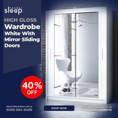 High Gloss Wardrobe White With Mirror Sliding Doors